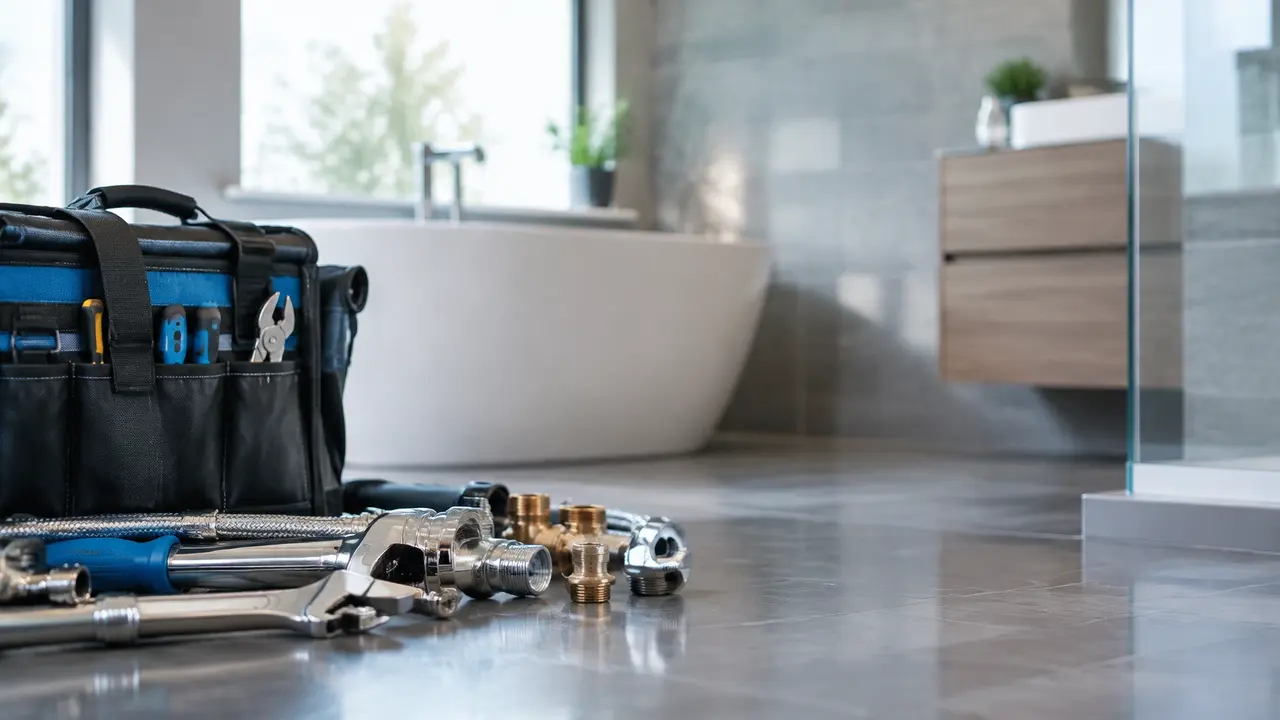 A professional tradesperson's tool bag and plumbing tools in a modern bathroom