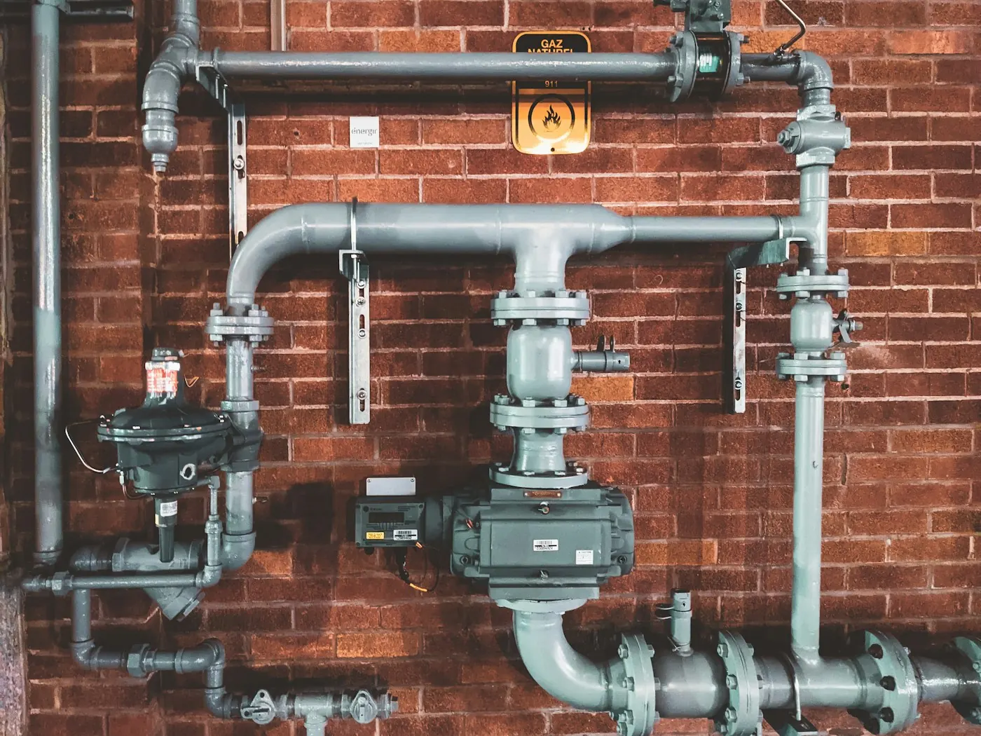 Metal pipework and service fittings installed against a brick wall